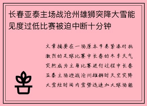 长春亚泰主场战沧州雄狮突降大雪能见度过低比赛被迫中断十分钟